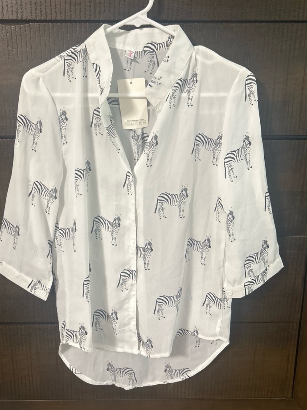 White Zebra Animal Print Button Up Blouse Top 3/4 Sleeve Sheer Chiffon